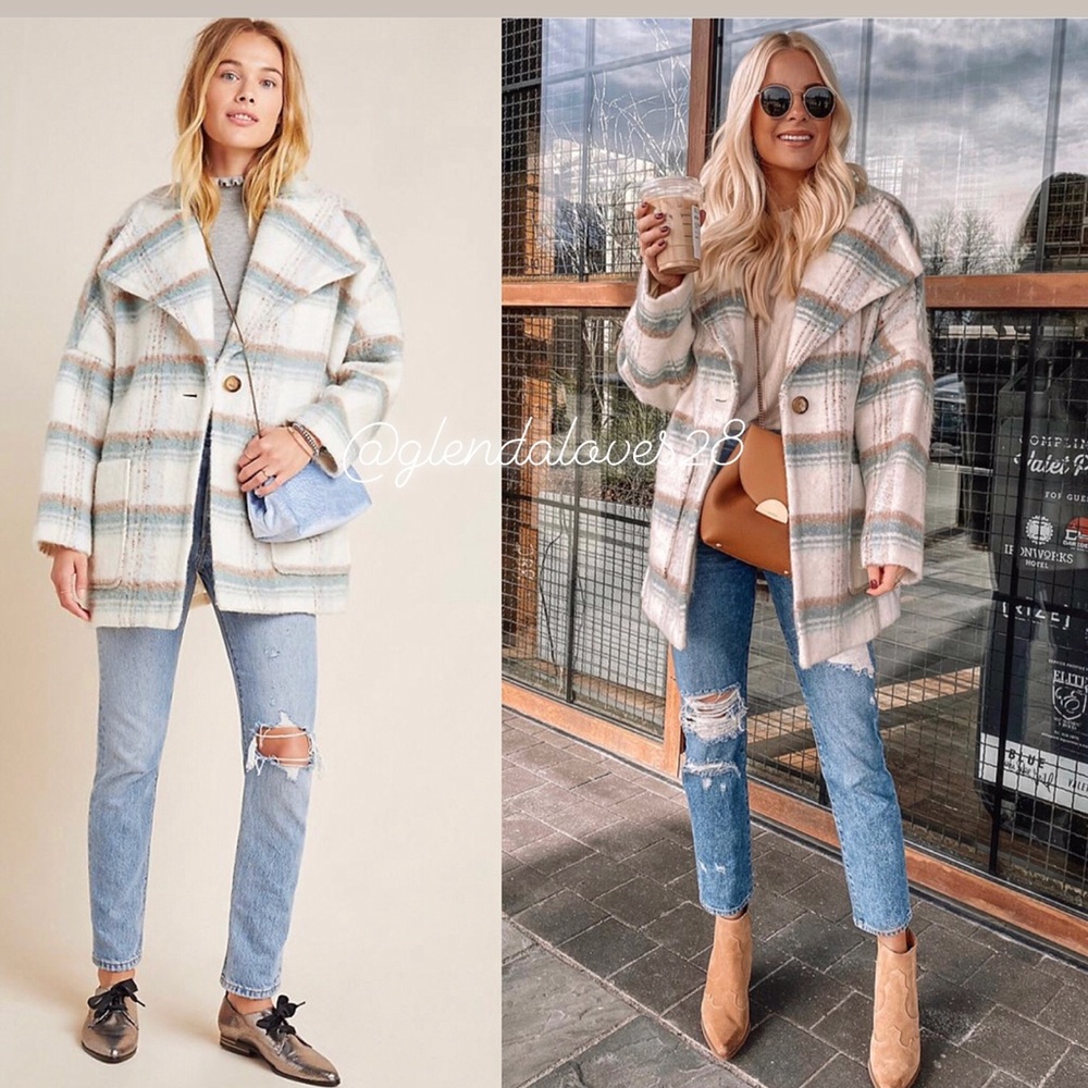 Anthropologie Cream and Light Blue Plaid Wool Blend Coat